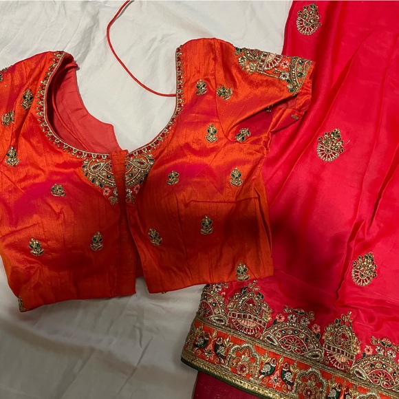 Beautiful wedding saree red orange with blouse size medium. Never worn, OBO - Picture 3 of 4